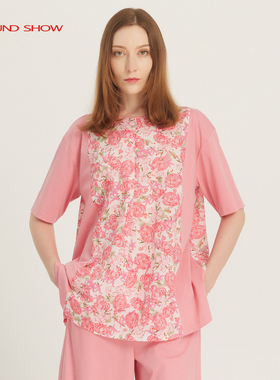 Ground Show/阁兰秀2025夏季新款粉色拼接宽松显瘦短袖圆领上衣女
