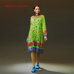 【100%绵羊毛】阁兰秀秋冬新品青绿色提花针织连衣裙商场同款女装