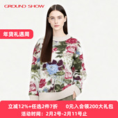 口女装 阁兰秀2025秋冬新品 玫瑰提花含羊毛呢子圆领套头上衣螺纹袖