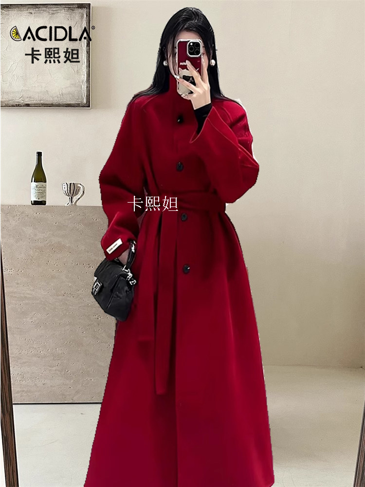 双面羊绒大衣女中长款冬季新款高级品牌新娘结婚红色立领毛呢外套