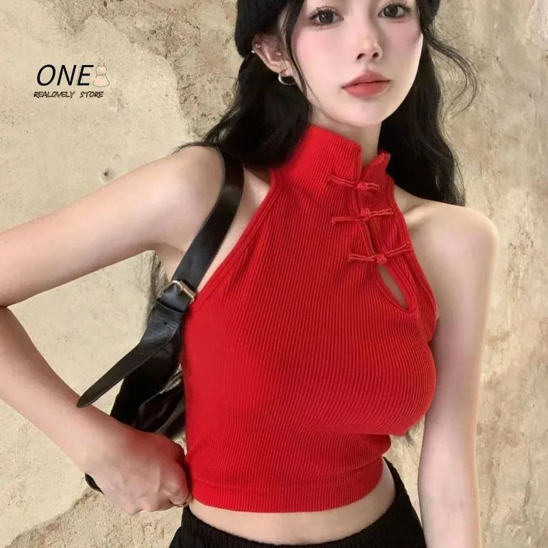 Vintage Chinese Button Tank Tops with Bra Pad Halter Tops O-