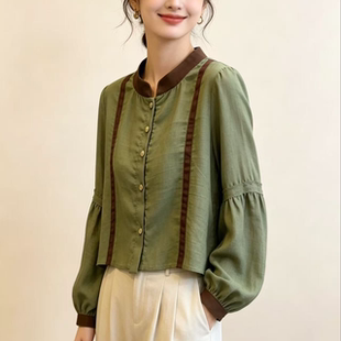 女款短外穿衬衫通勤风绿色灯笼袖衬衫女撞色拼接气质百搭上衣