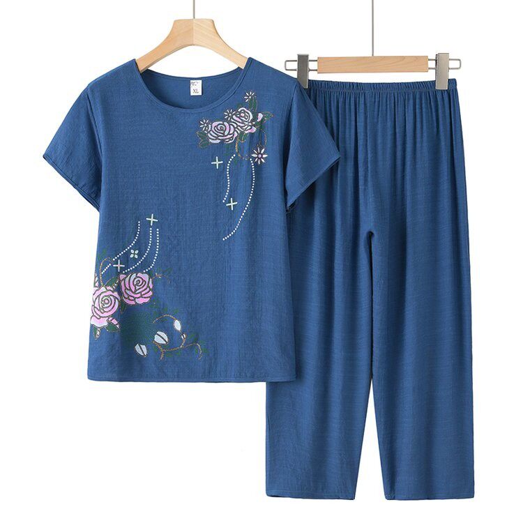 妈妈睡衣女夏天短袖棉麻休闲套装中老年人阔腿八九分裤外穿家居服