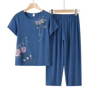 妈妈睡衣女夏天短袖棉麻休闲套装中老年人阔腿八九分裤外穿家居服