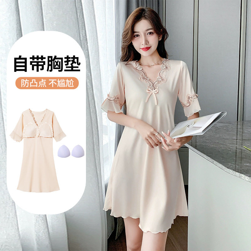 自带胸垫冰丝短袖睡裙女款夏薄款带Bra丝绸连衣裙性感睡衣家居服