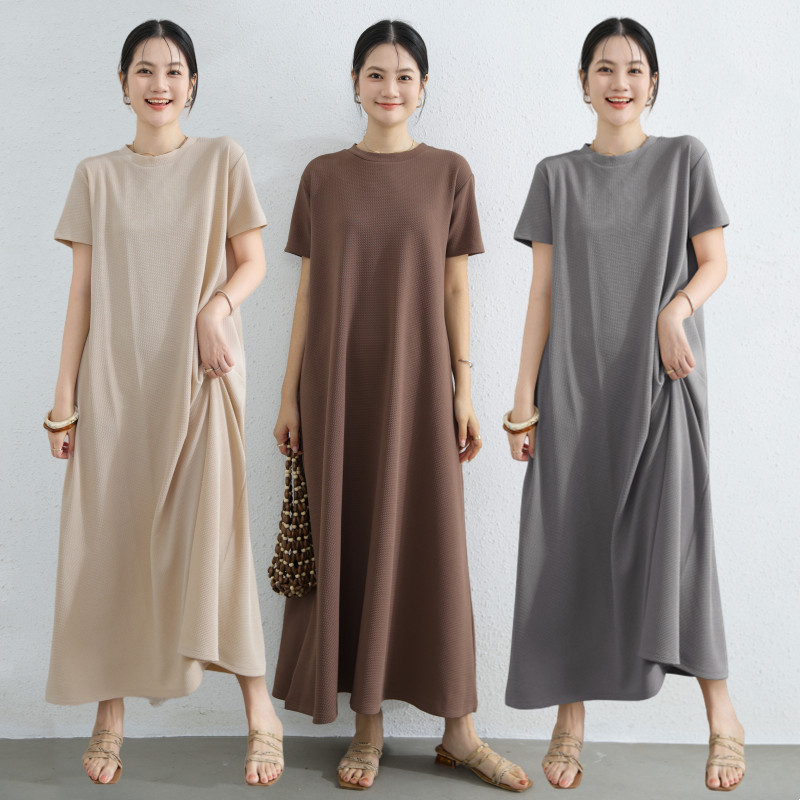 女夏外穿大码短袖a字长裙胖mm显瘦简约针织圆领连衣裙纯色打底裙