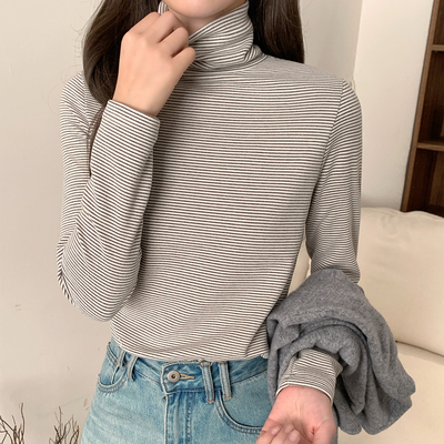 德绒新款双面绒加绒加厚条纹半高领打底衫女冬季保暖长袖T恤上衣