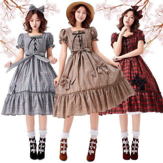 高級な新商品のlolita格子の蝶々結びの舞台衣装は日常の柔らかい妹のワンピースの王女のスカートは袖を外すことができます