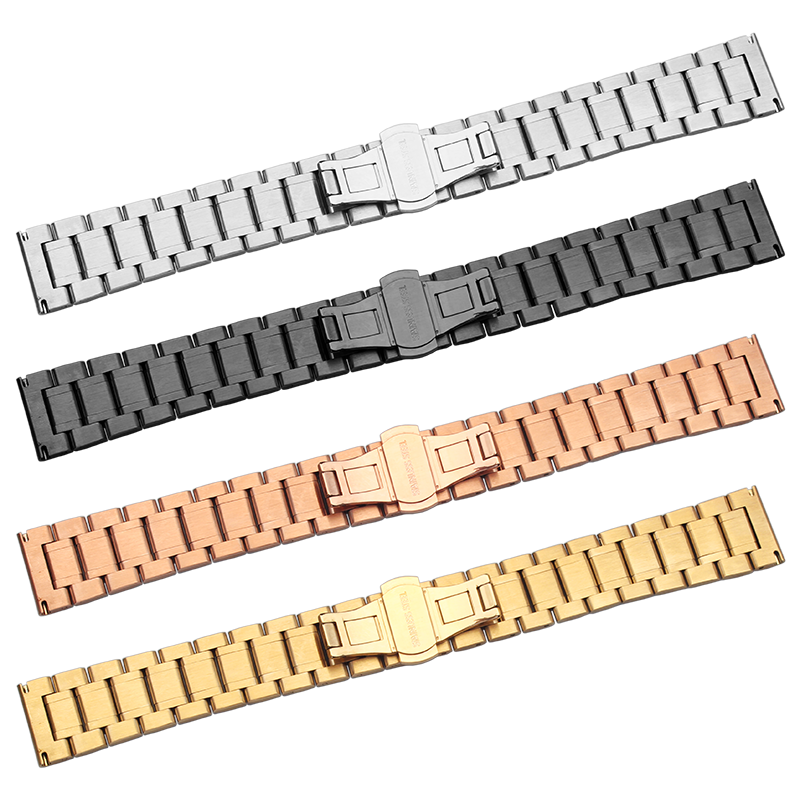 金色弧口手表带适配嘉年华老上海普西尼不锈钢表链男女蝴蝶扣20mm