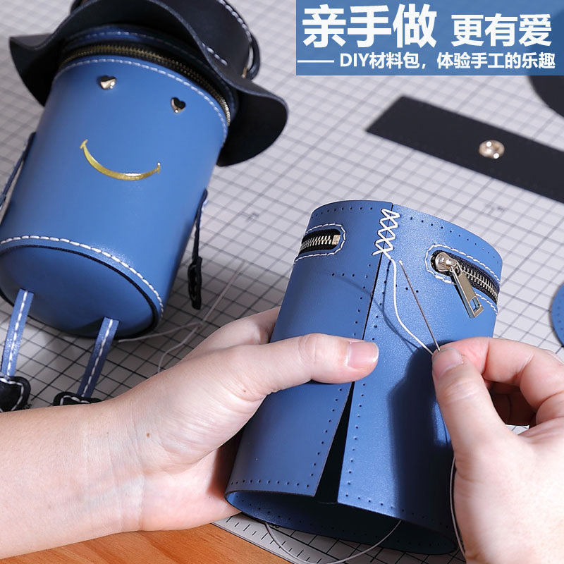 手工包包DIY材料包自制作小人包牛皮女包礼物可爱手缝编织水桶包