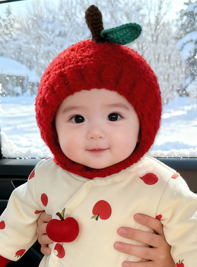 婴儿帽子秋冬季宝宝女毛线帽红色苹果帽红色针织帽护耳帽儿童冬天