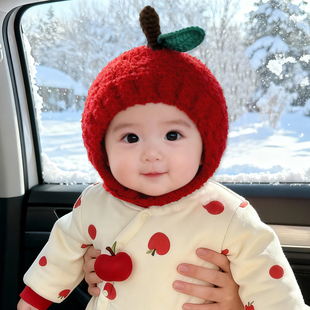 婴儿帽子秋冬季宝宝女毛线帽红色苹果帽红色针织帽护耳帽儿童冬天