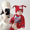 婴儿帽子秋冬季 毛线帽宝宝红色喜庆过年帽外出拜年帽周岁帽针织帽