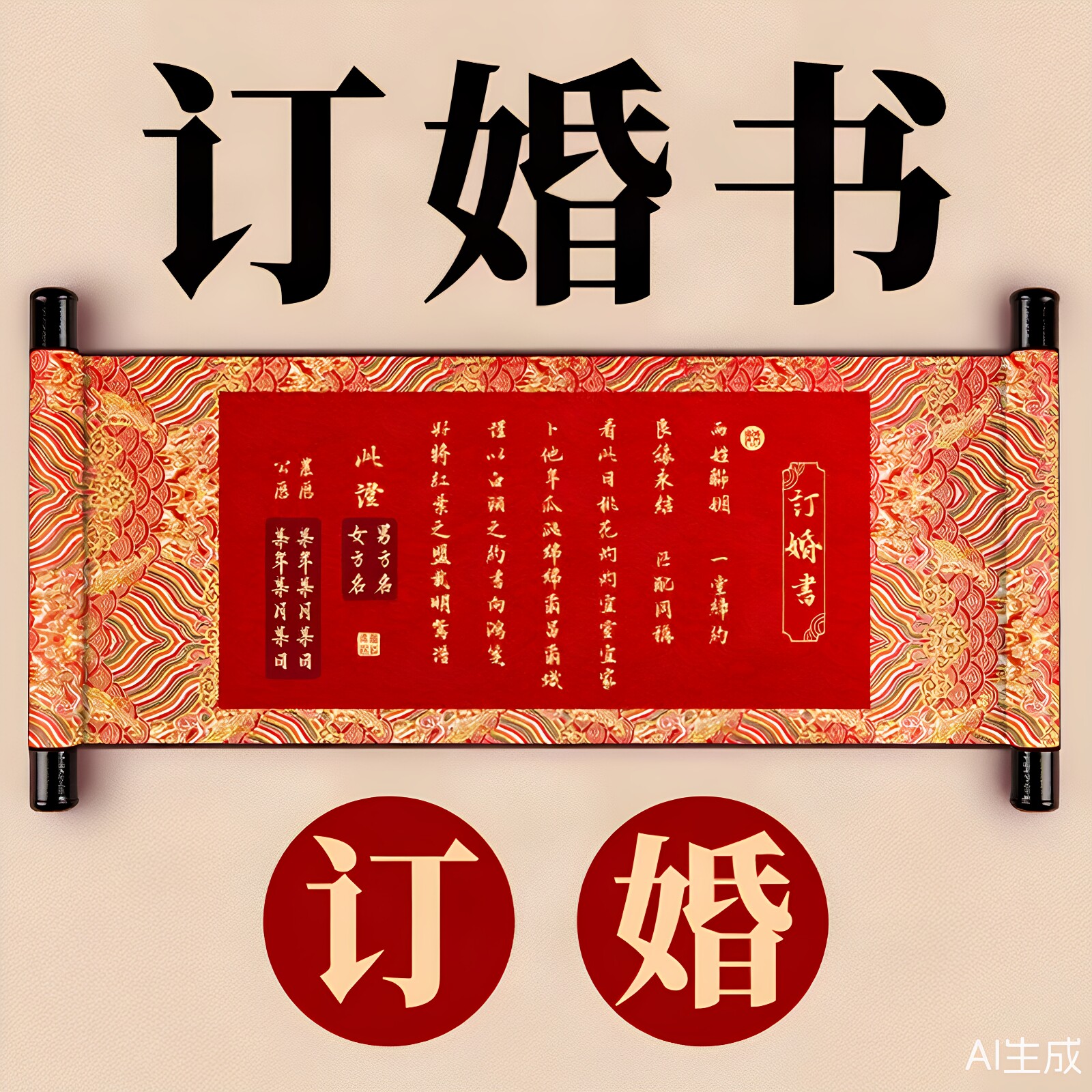 手写婚书中式订婚书纯空白长卷民国下聘书结婚送日子书中国风卷轴