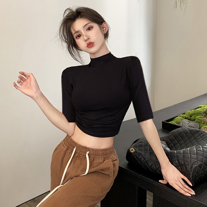 黑色半高领打底衫女内搭2026新款春季小个子褶皱五分袖短款上衣,女装/女士精品,T恤,淘宝优惠券,粉丝福利购,淘宝优惠卷