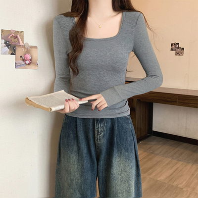 灰色方领长袖内搭打底衫女秋冬季