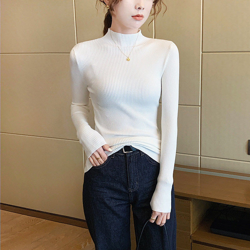 白色半高领长袖打底衫女2023新款秋冬内搭高级感百搭紧身毛衣