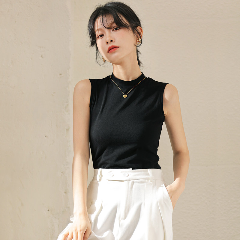 黑色半高领无袖吊带背心女夏季坎肩纯棉针织内搭砍袖t恤上衣外穿