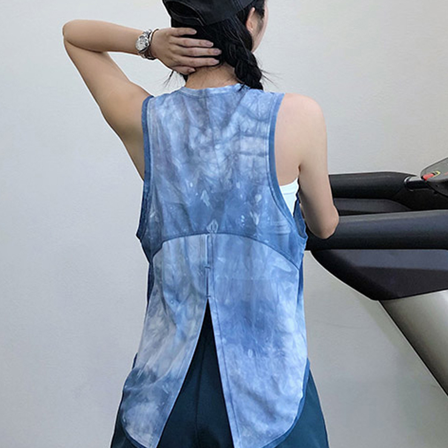 扎染后背开叉燕尾打结运动T恤女透气网纹无袖跑步休闲宽松健身衣