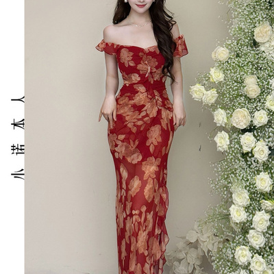 小诺本人碎花低胸连衣裙度假风荷叶边收腰长裙子超火包臀裙25625