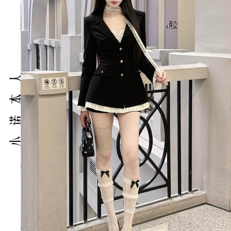 小诺本人高级感西装裙外套韩版轻奢洋气显瘦西服撞色连衣裙2515