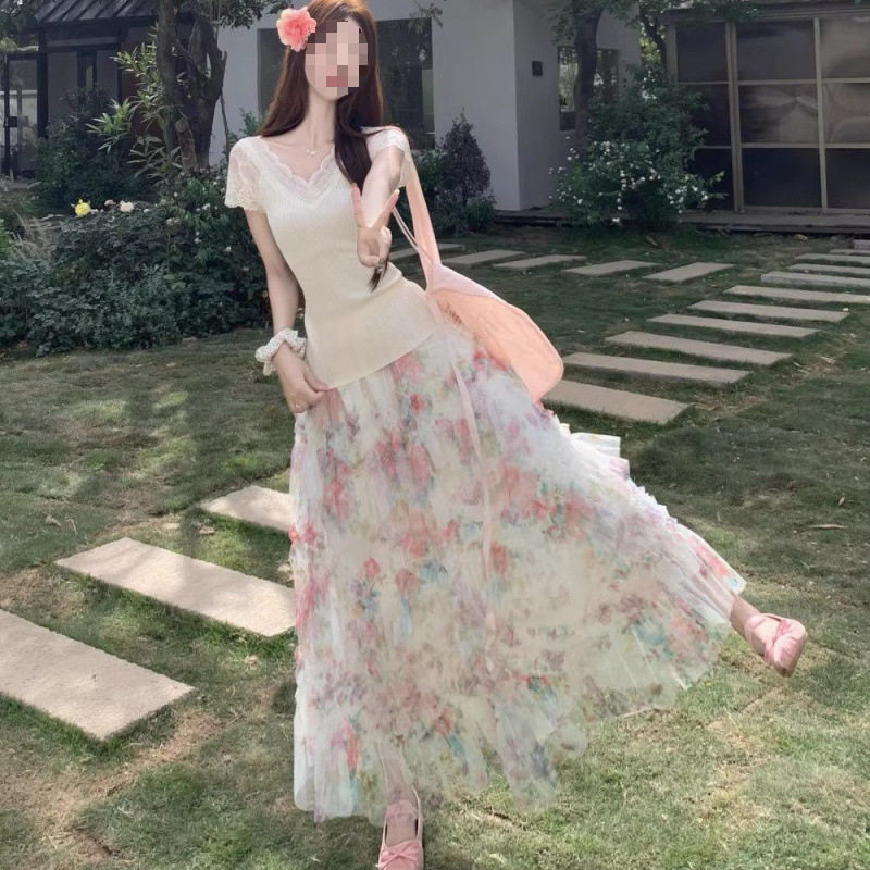粉色针织衫开衫外套女秋季长袖吊带背心仙女碎花半身裙套装热卖款