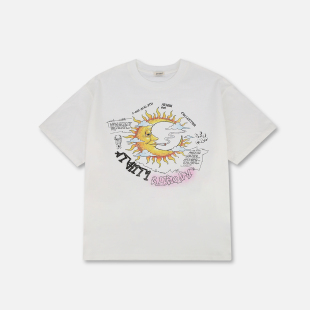 T恤 复古太阳月亮图腾印花vintage单缝线短宽box短袖 ATHIRI 美式