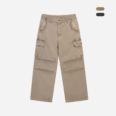 ATHIRI 蜡染复古水洗做旧立体剪裁宽松直筒口袋伞兵工装裤Cargo