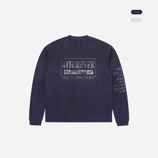 型长袖 匹马棉复古斑驳标语印花水洗油渍做旧boxy版 T恤 美式 ATHIRI