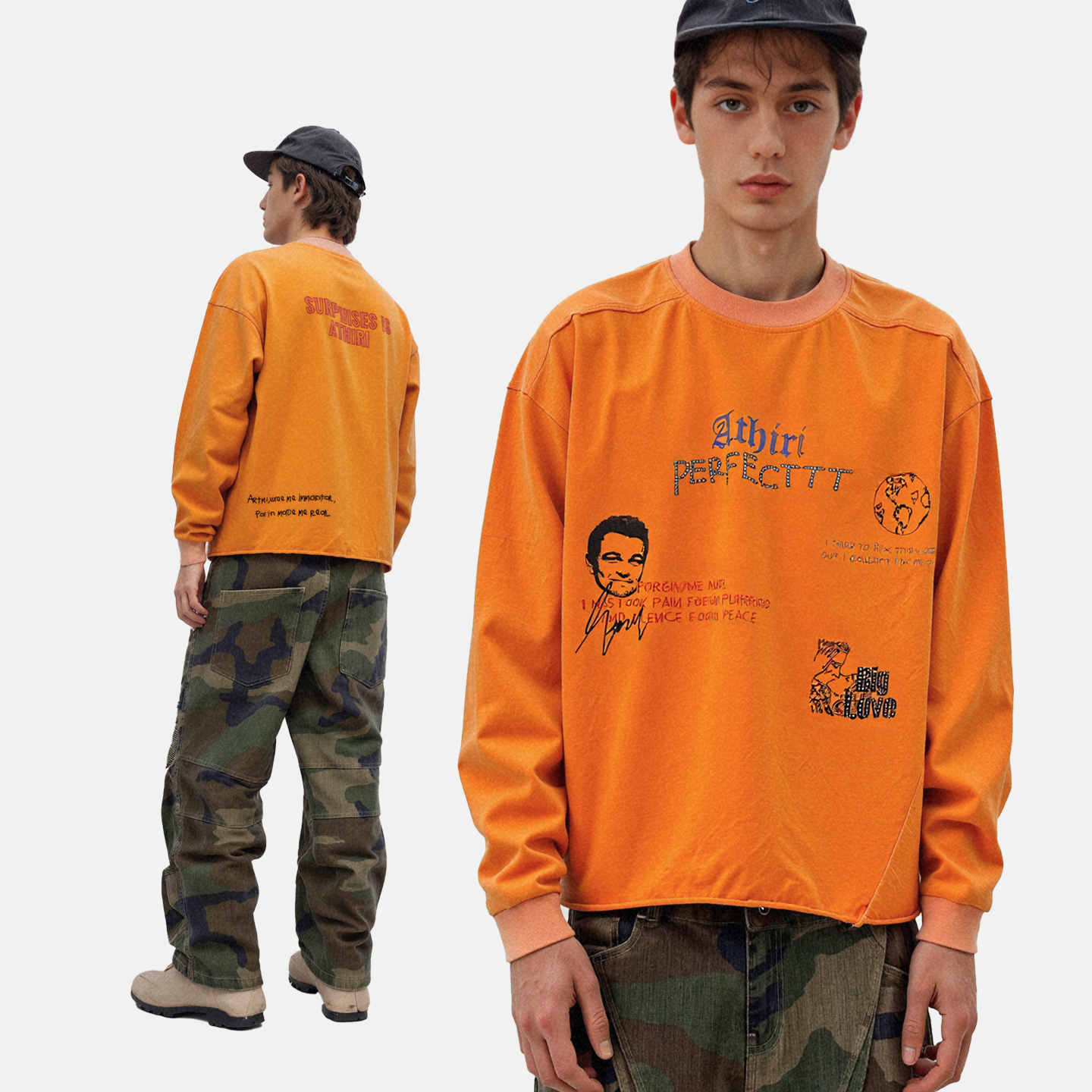 ATHIRI 美式漫画烫钻字母潮流复古拼接卷边长袖T恤