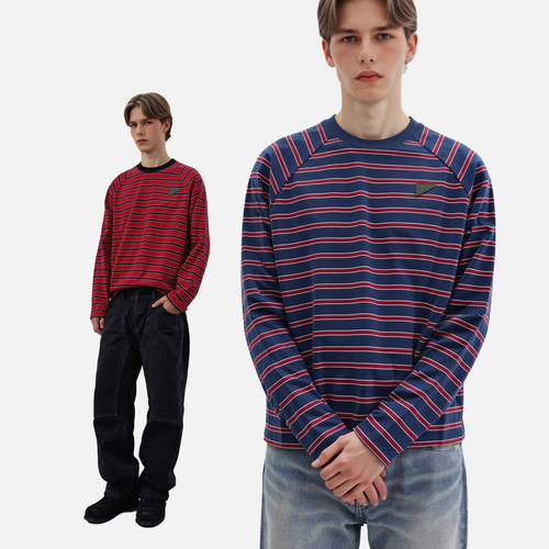 ATHIRI 新贵撞色条纹长袖T恤男女早秋新款圆领皮标宽松打底衫上衣