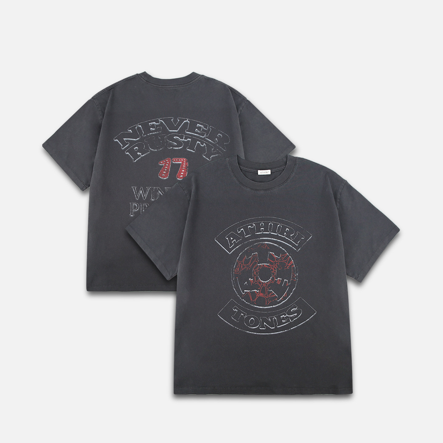 ATHIRI 美式机车俱乐部印花成衣染色单缝线做旧短袖T恤男女同款