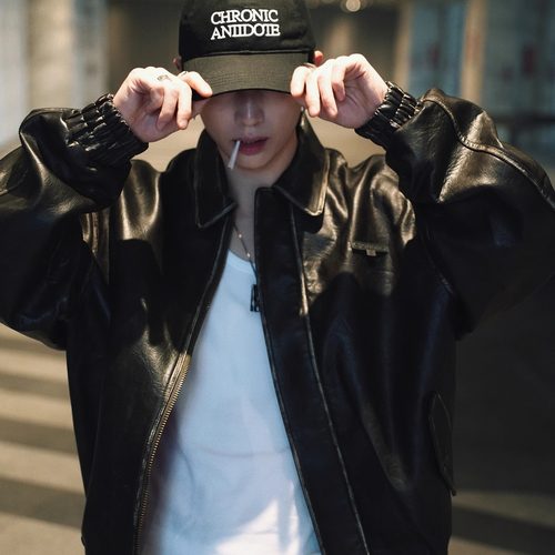 ATHIRI【赖煜哲同款】A2擦色皮铜牌徽章做旧宽松飞行皮衣夹克外套