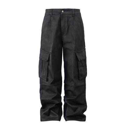 ATHIRI 手工喷蜡涂层工装Baggy Cargo大口袋宽松阔腿重磅牛仔长裤