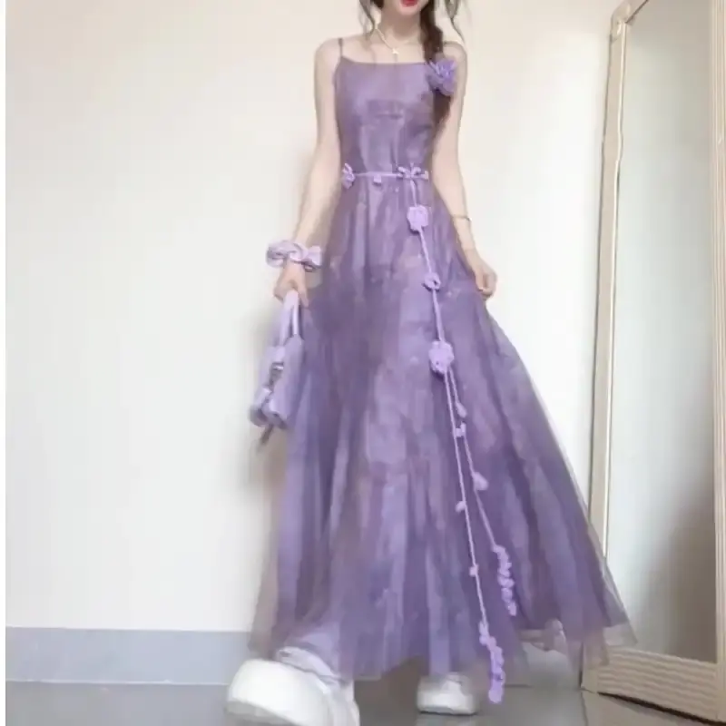 法式紫色网纱吊带连衣裙女夏季