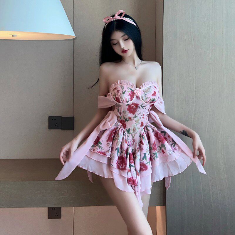 纯欲时尚甜美辣妹一字领抹胸收腰大摆碎花雪纺欧美性感连衣裙女