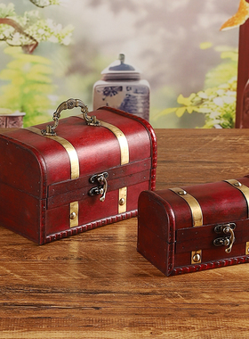 复古红色手提小箱子带锁收纳盒仿古木盒首饰盒储物藏宝箱装饰摆件