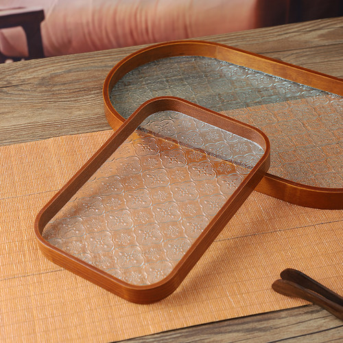 海棠花玻璃木质托盘茶盘长方形
