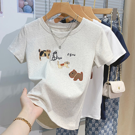 2025新款哺乳短袖t恤女夏季重工刺绣上衣韩版产后正肩百搭喂奶衣