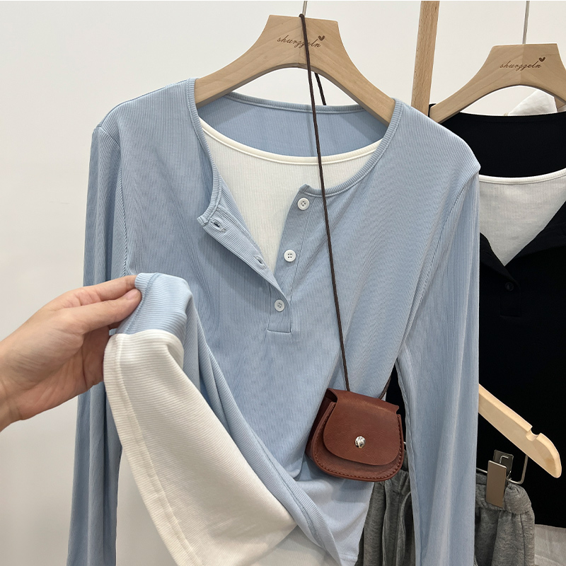目浩哺乳衣设计感撞色纽扣长袖