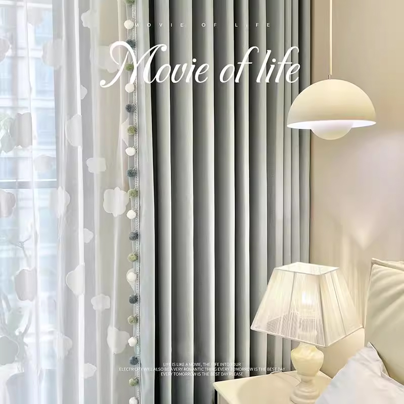 窗帘月光蓝男孩ins风棉麻窗帘卧室儿童房落地窗卧室飘窗定制