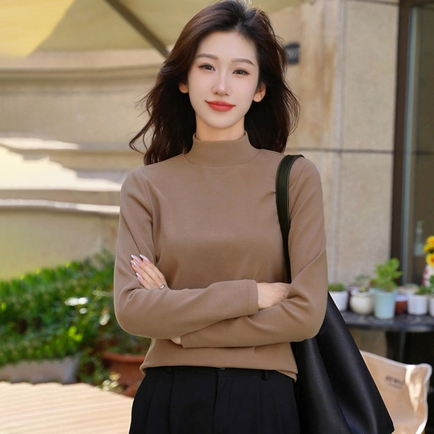 卡其色纯棉半高领长袖t恤打底衫