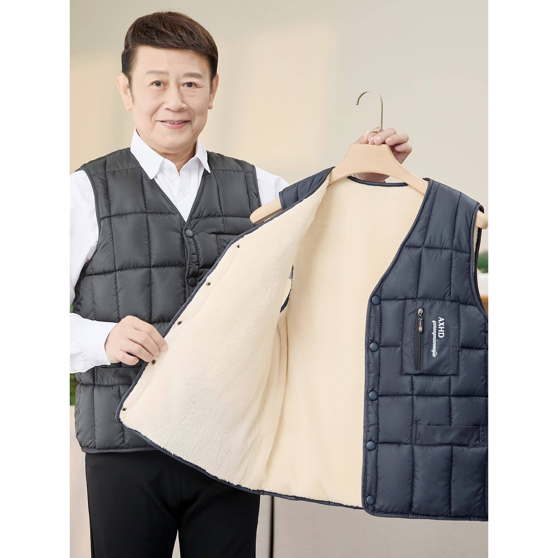 秋冬季爸爸加绒棉马甲内胆背心中老年男士加厚棉坎肩老人内穿马夹