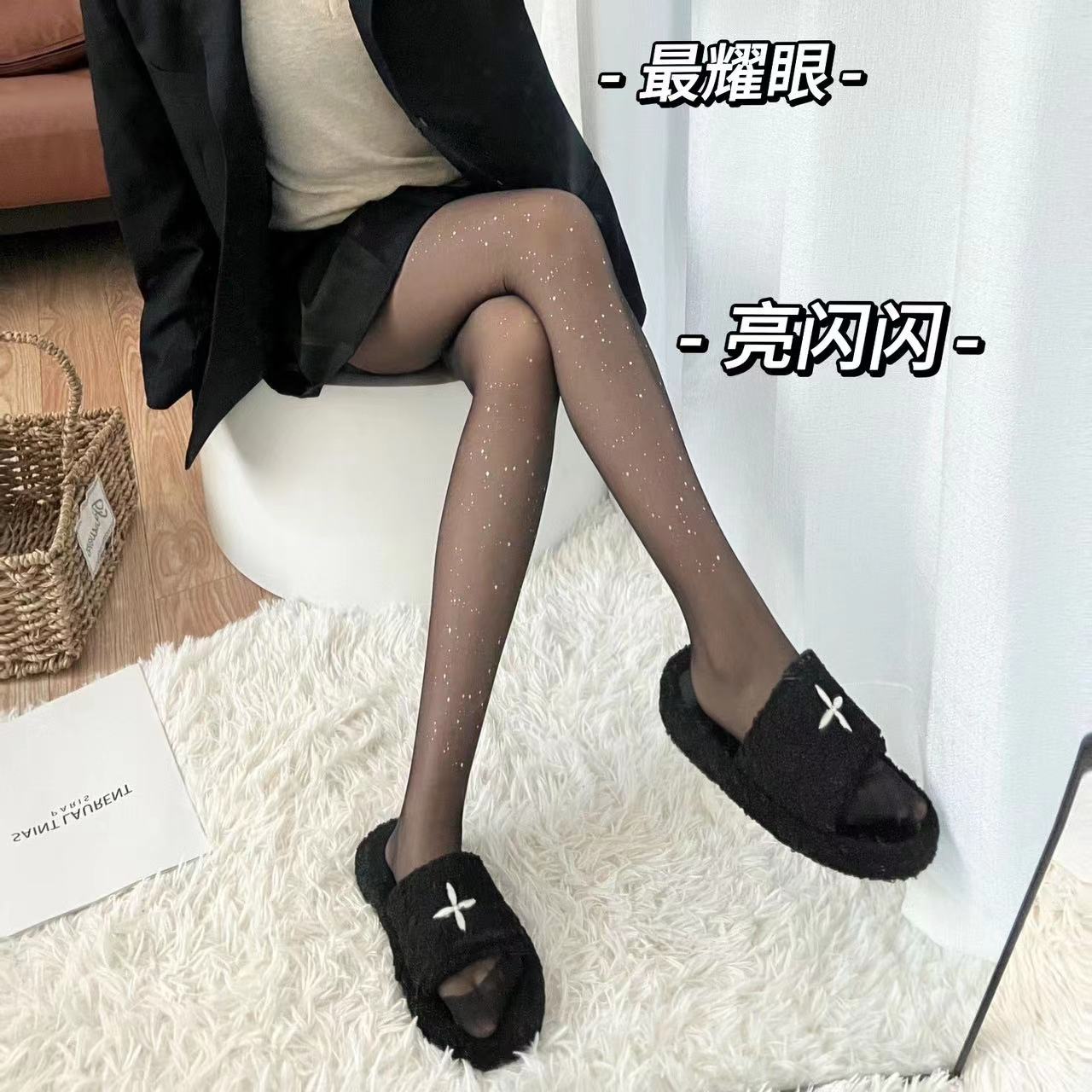 薄款女黑丝性感闪钻星超薄防勾丝亮片袜网红bling连袜自然肤薄款