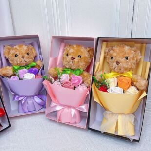 高档天窗盒装泰迪熊花束香皂花礼盒卡通情人节公仔生日礼物