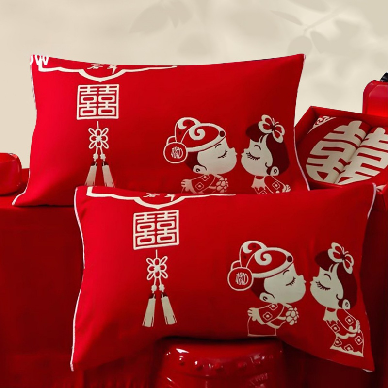 结婚枕巾2025新款纯棉高端婚庆红