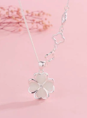 足银990四叶草白猫眼吊坠女项链韩版纯银锁骨链小香风