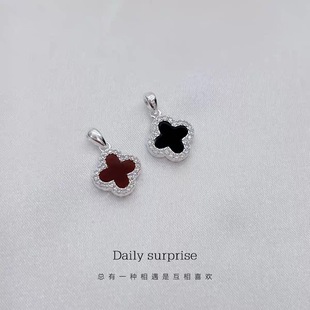 足银990幸运草吊坠一面黑一面红吊坠diy锁骨链挂件