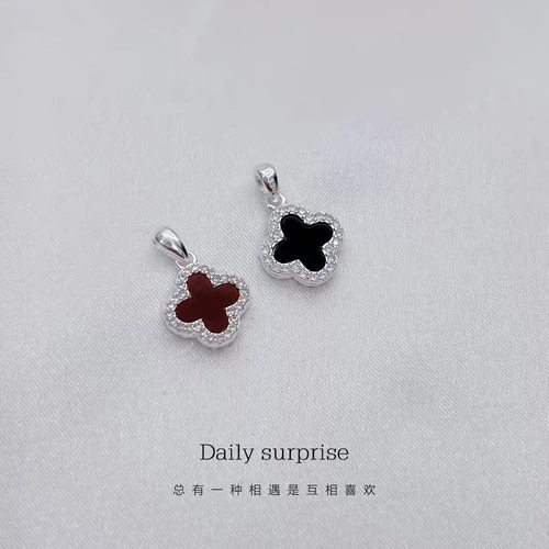 足银990幸运草吊坠一面黑一面红吊坠diy锁骨链挂件