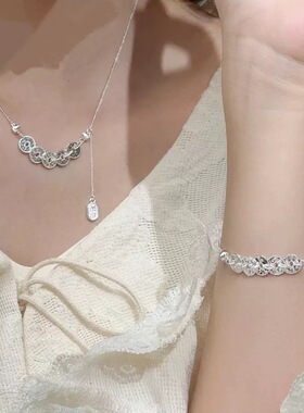 足银9999纯银碎碎冰五帝钱币项链手链女轻奢小众高级新中式锁骨链